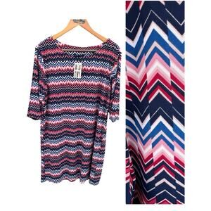 MIXOLOGY FALL SHIFT DRESS PLUS SIZE XL 3/4 SLEEVE CHEVRON PINK RED BLUE